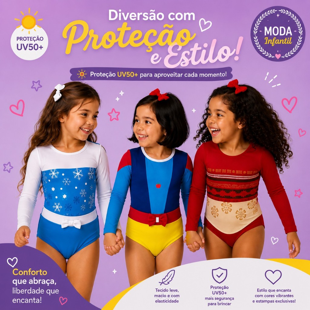 Maiô - body infantil de mangas compridas de princesa e heroina com proteção uv 50 menina