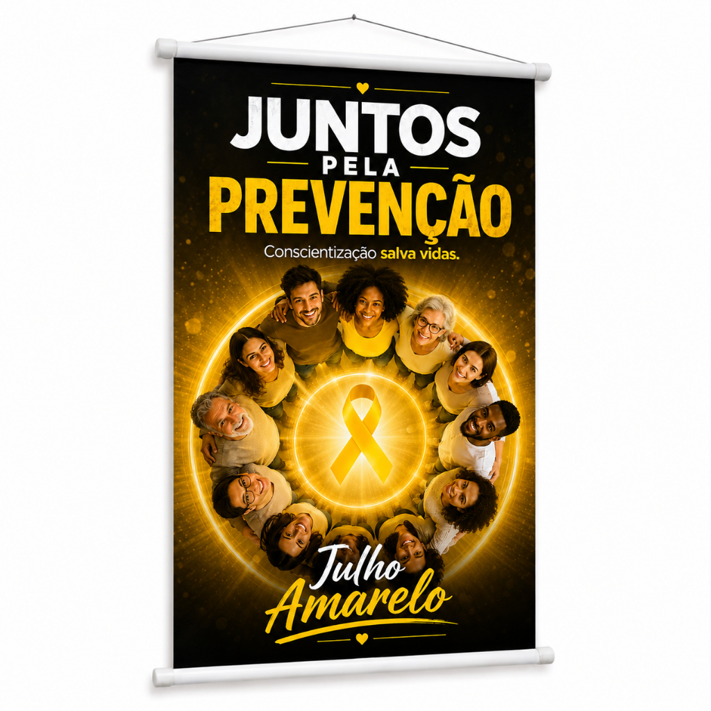 Banner Julho Amarelo Campanha Hepatites Virais Saúde produzido em lona. Cartaz Conscientização Hospital Empresa Pub1067