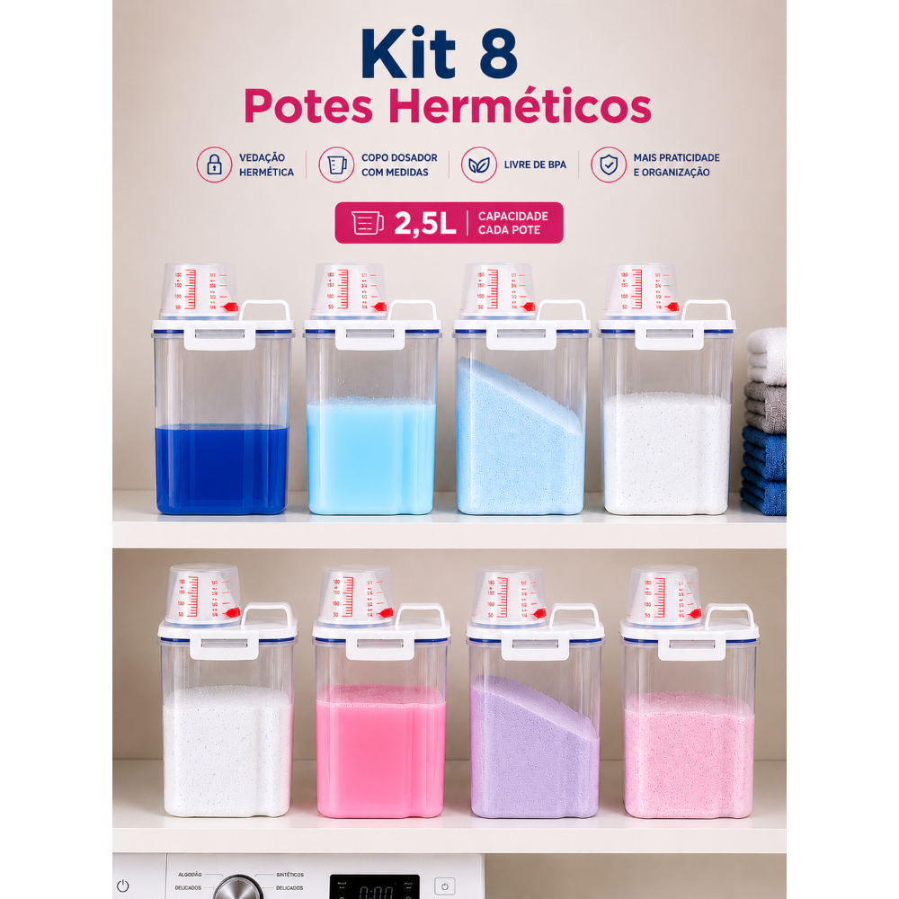 Kit 2 a 8 unid Potes Herméticos 2,5L Multiuso Lavanderia Sabão em Pó Com Bico Dosador e Copo Medidor