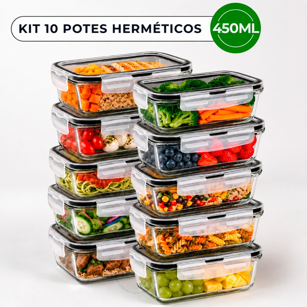 Kit 10 5 Potes Hermético Marmita Vidro Tampa Plástico Com Trava 450ml Pequeno Retangular