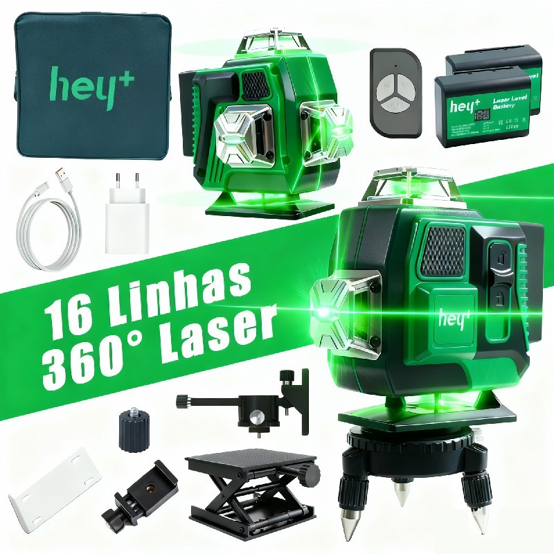 Nível a Laser Verde 16 Linhas 3D 360° Autonivelante IP68 Profissional para Construção Civil e Reformas DIY