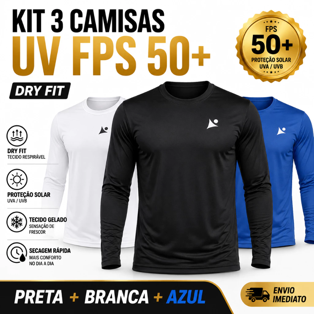 KIT 3 Camisa UV FPS50+ Manga Longa Dry fit Academia Proteção Solar Pesca com Simbolo Refletivo — imagem 1