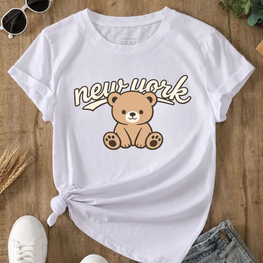 Camiseta Feminina New York Ursinho Premium Algodão 100% Moda Tendência