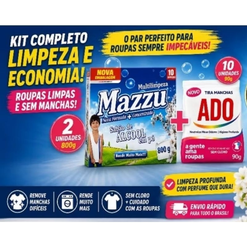 Kit 2 Sabão de Álcool em Pó Mazzu 800g 10 Tira Mancha ADO 90g