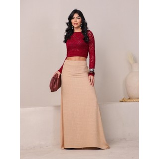 Saia Longa Feminina Lisa Cintura Alta Viscose com Linho Elegante Fluida