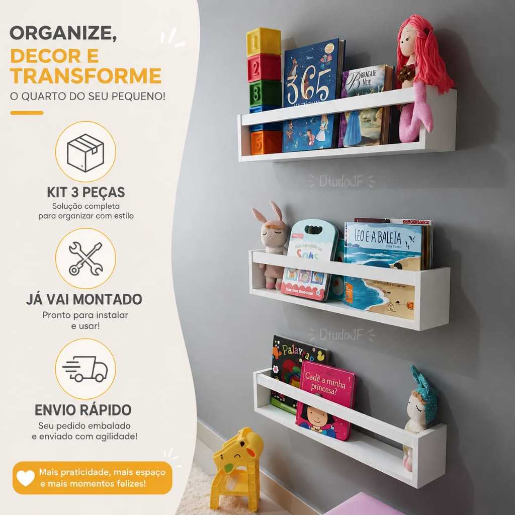 3 Prateleiras 50cm Decoração Branco Mdf Livro Revista Infantil Envio Montado