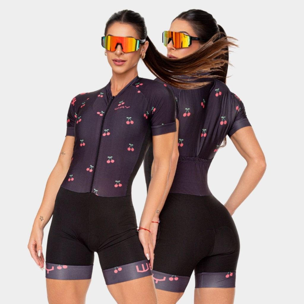 Macaquinho Macacão Ciclismo Ciclista Feminino Mulheres Pedalar Bike Mtb Uv Manga Curta Preto Cerejas