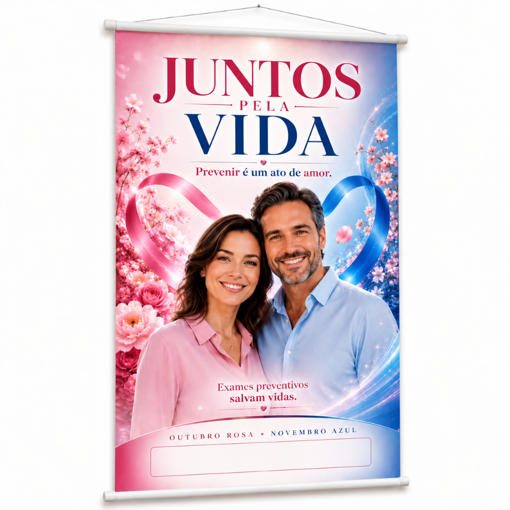 Banner Outubro Rosa Novembro Azul Prevenção E Exames produzido em lona. Cartaz Hospital Clínica Eventos Reuniões Pub1113