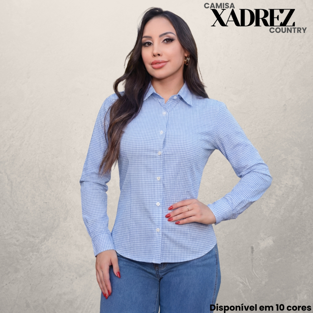 Camisa Xadrez Social Feminina Gola Colarinho Manga Longa Camisas 100% Algodão Com Botões Variedade
