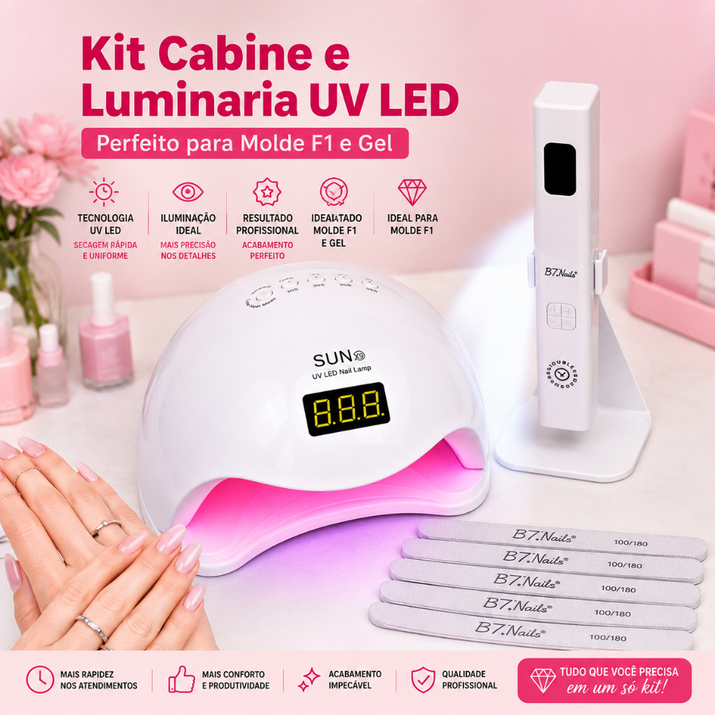 Kit Unha Gel Cabine UV Led Luminária Lixas Profissional Secagem Rápida - Cabine Digital Molde F1 Gel e Polygel