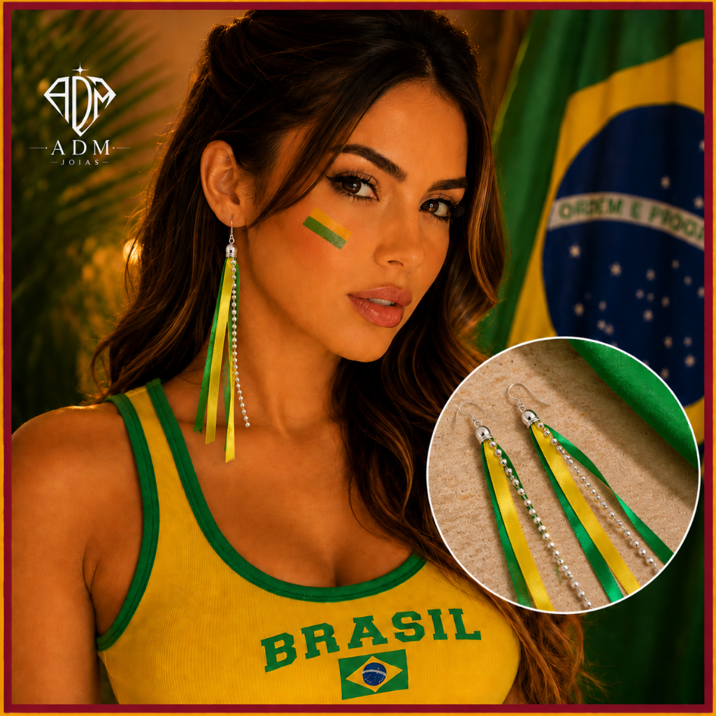 Brinco Fitas Paetê Verde E Amarelo Brasil Patriota Flávio 22 Bolsonaro Seleção Brasileira