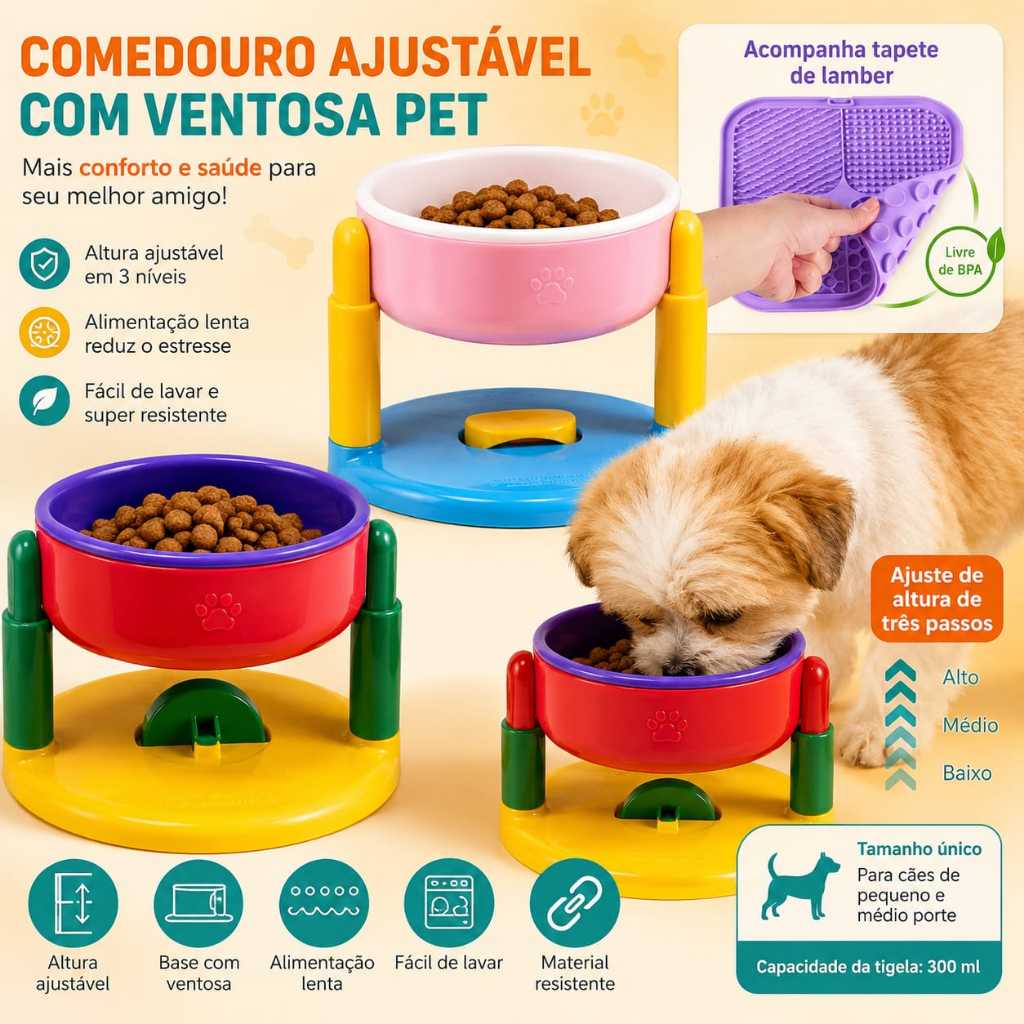 Comedouro Elevado Ajustável Pet com Ventosa para Cães e Gatos 300ml