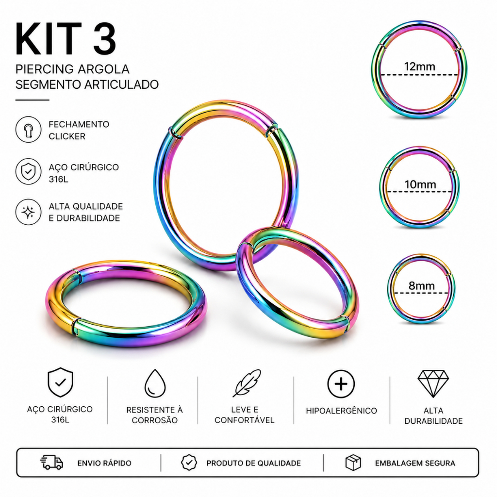 Kit 3 Piercings Argola Segmento Articulado Aço Cirúrgico 316L Colorida Nariz Helix Tragus