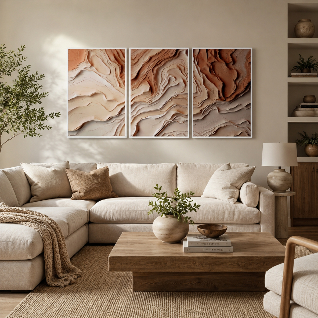 Quadro Decorativo Tríptico Abstrato Geométrico com Moldura para Sala Quarto Escritório 50x75