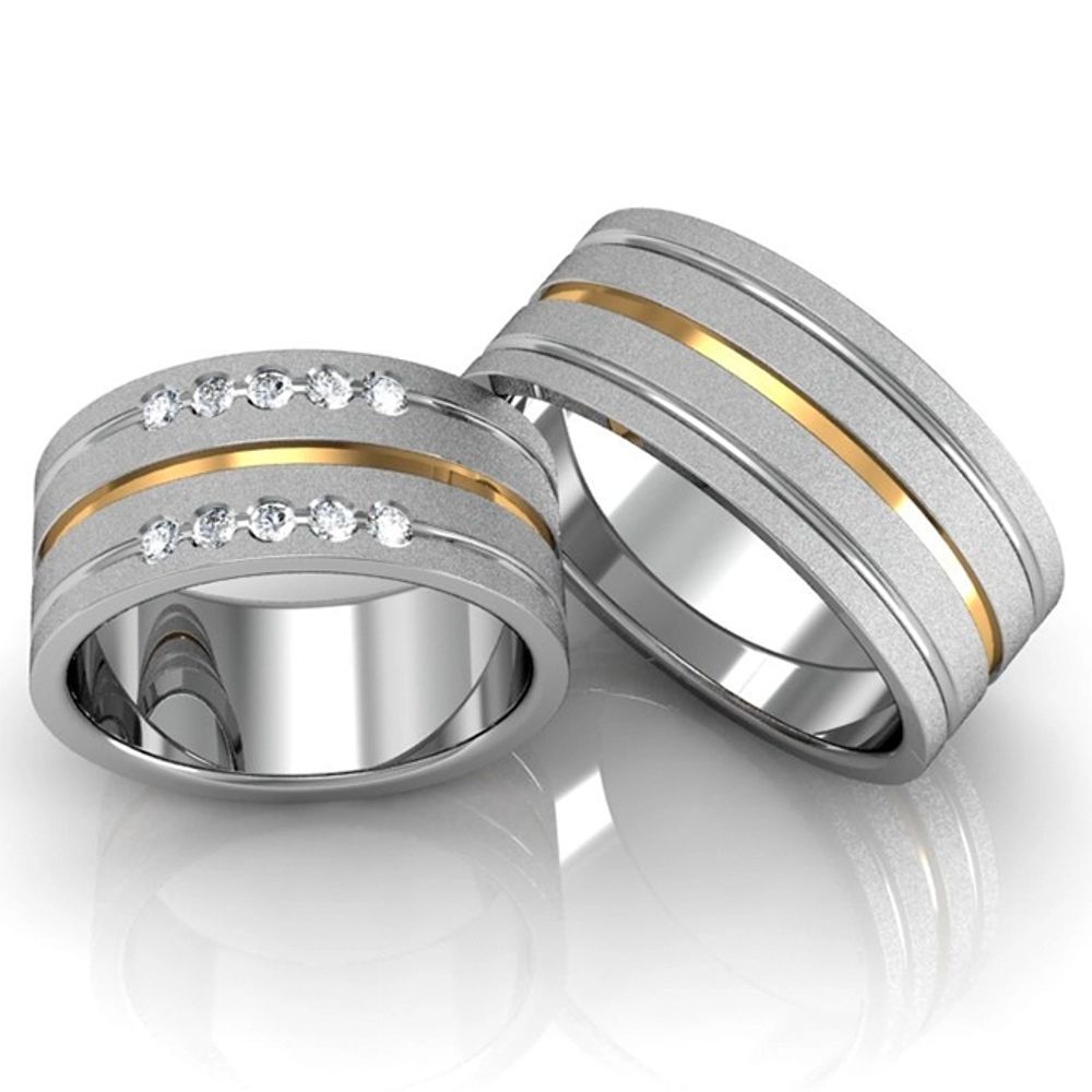 Par Alianças Prata 950 Retas Diamantadas 3 Frisos e 1 Folheado a Ouro 18k 8mm 10 Pedras