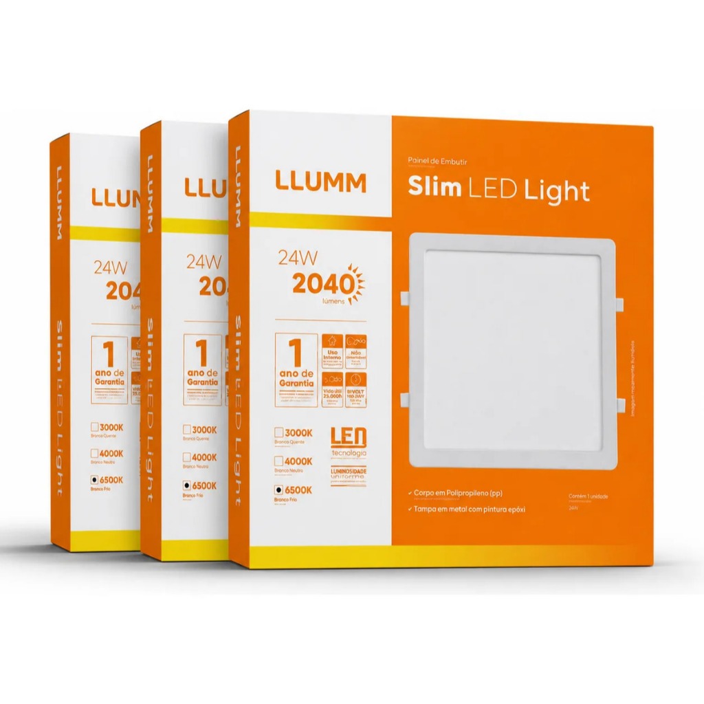 Kit 3 Uni Painel Slim Home Led Light Plafon 24w Embutir 29x29 Quadrado Branco Frio 127/220 V