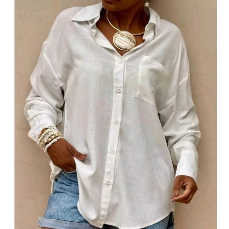 Camisa Feminina viscolinho Social Com Botão Manga Longa