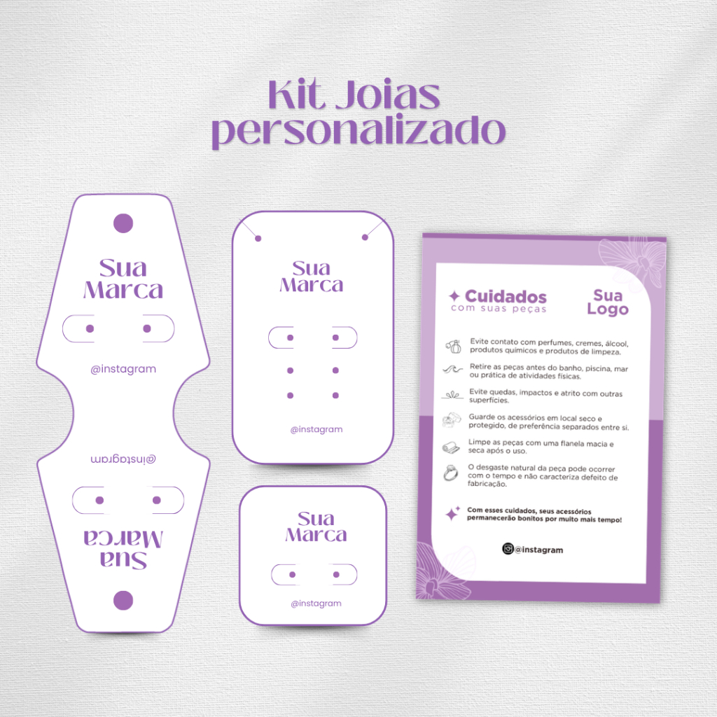 Kit Tag para Acessório Personalizado Cartao de Cuidados Bijuteria Joia Prata 925 Cartela trio Brinco Colar Pulseira