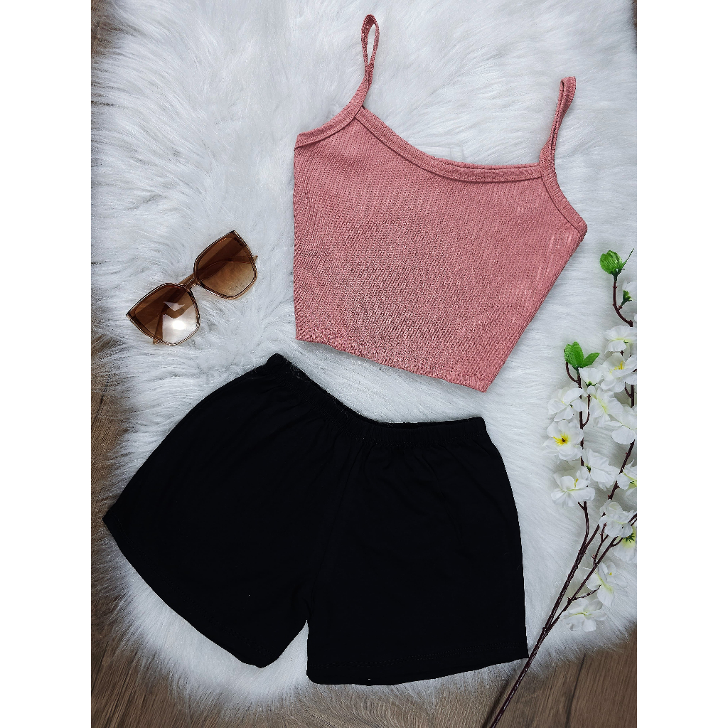 Conjunto SHORT Malha + CROPPED Canelada de Alcinha – Moda Feminino Casual Elegante (P M G)