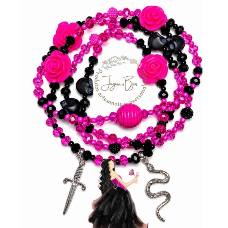 Guia personalizada para Pombagira Menina/ Menina do caberé com pingentes de serpente e punhal 💗💀🌹