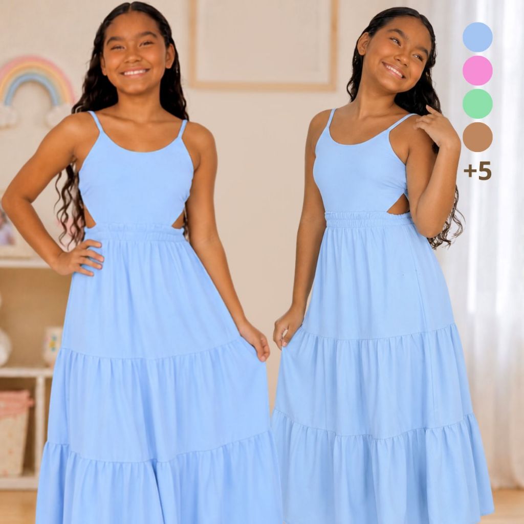 Vestido Longo Fenda Feminino Alça Fina Saia Babado Soltinho Verão Casual Festa Midi Rodado