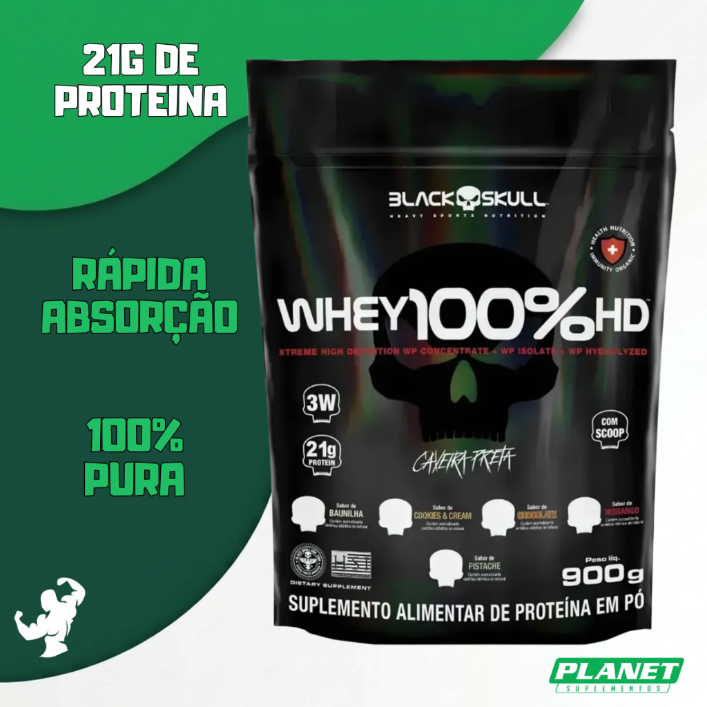 Whey 100% HD Refil 900g Black Skull Whey Protein Ganho Muscular Recuperação Premium Original