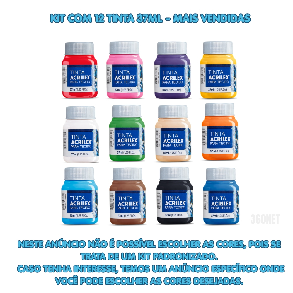Kit c/ 12 Tintas de Tecido Acrilex 37ml Mais Vendidas!