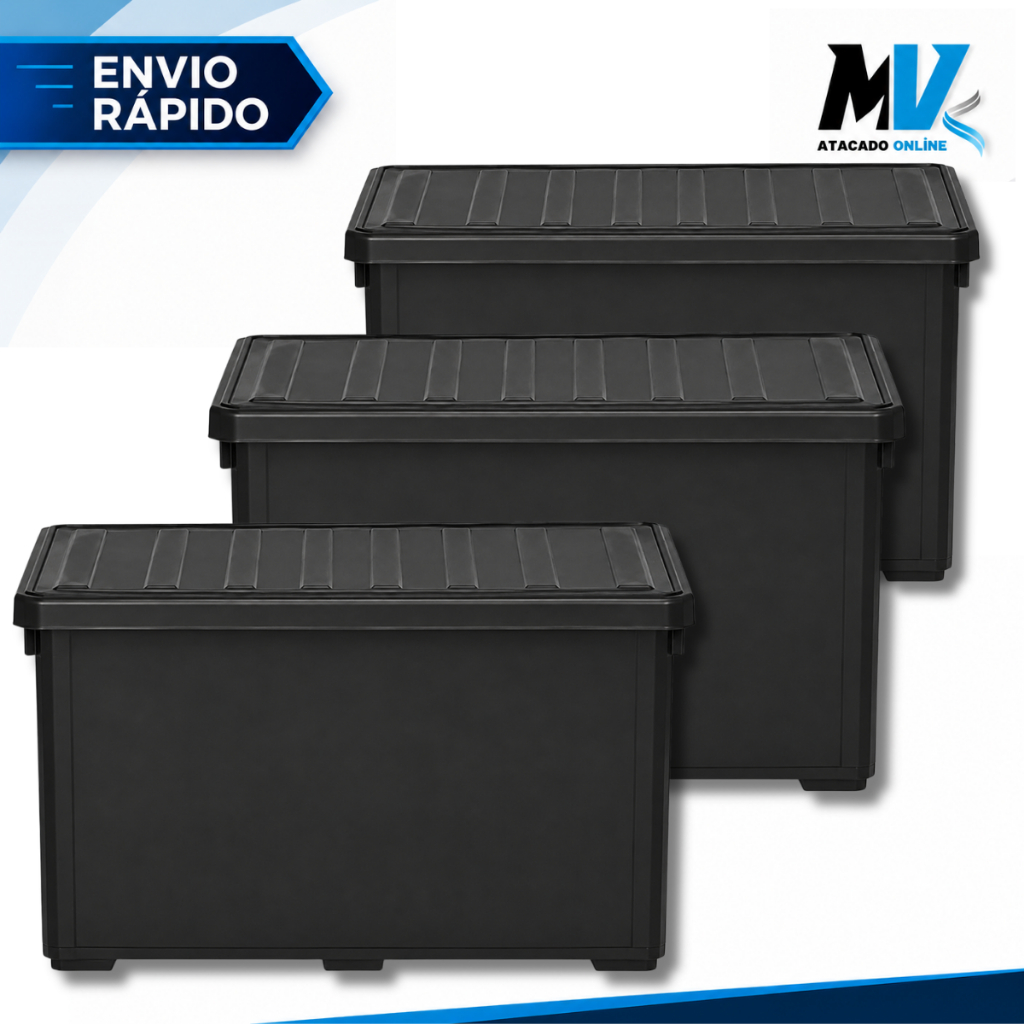 Kit 3 Unidades Caixa Organizadora 95 Litros Preta Com Rodinhas e Trava Para Transporte HeavyBox