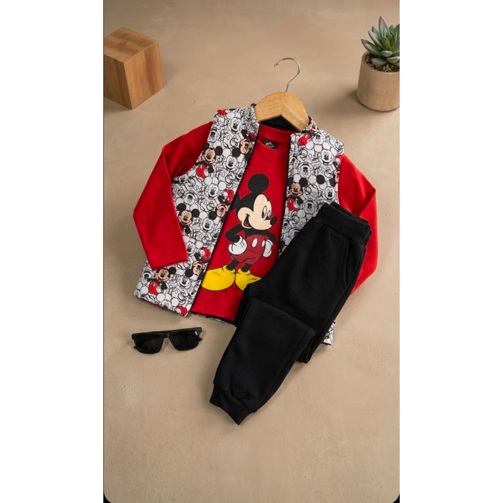 Conjunto Infantil Menino 3 Peças Camiseta Colete Calça Moletom Estampa Desenho Inverno 2 3 4 5 6 7 8 Anos