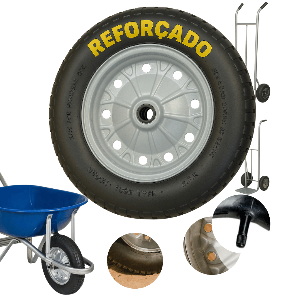 Roda Pneu E Câmara Completo para Carrinho De Mão Carriola Reforçado Carrinho de Carga Medida 3,25x8