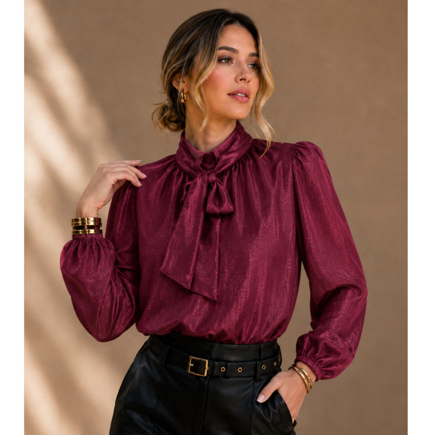 Blusa Feminina Manga Longa Gola Alta Laço Social Tecido Cetim Crystal Sofisticado Elegante