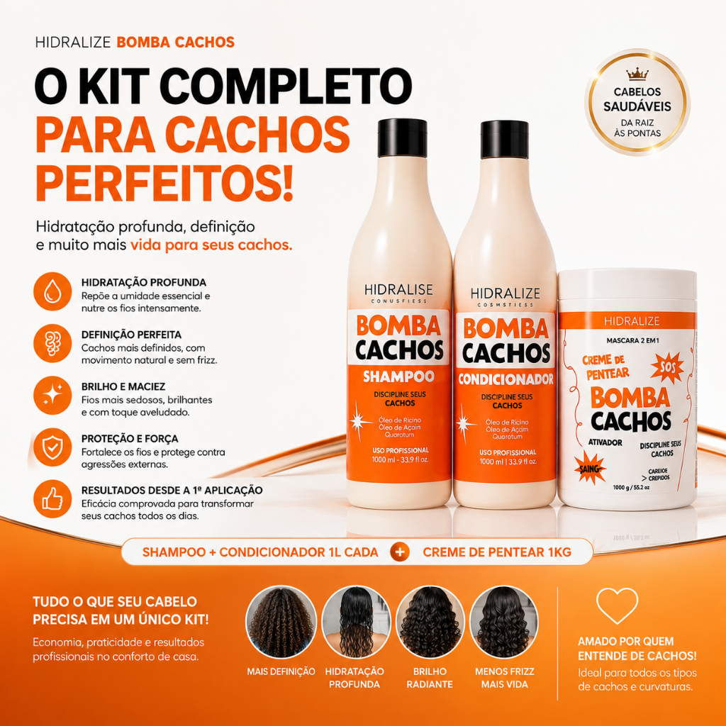 Kit Completo Bomba Cacho Shampoo+Condicionador+Creme de Pentear Hidratação Definição Cabelo Cacheado