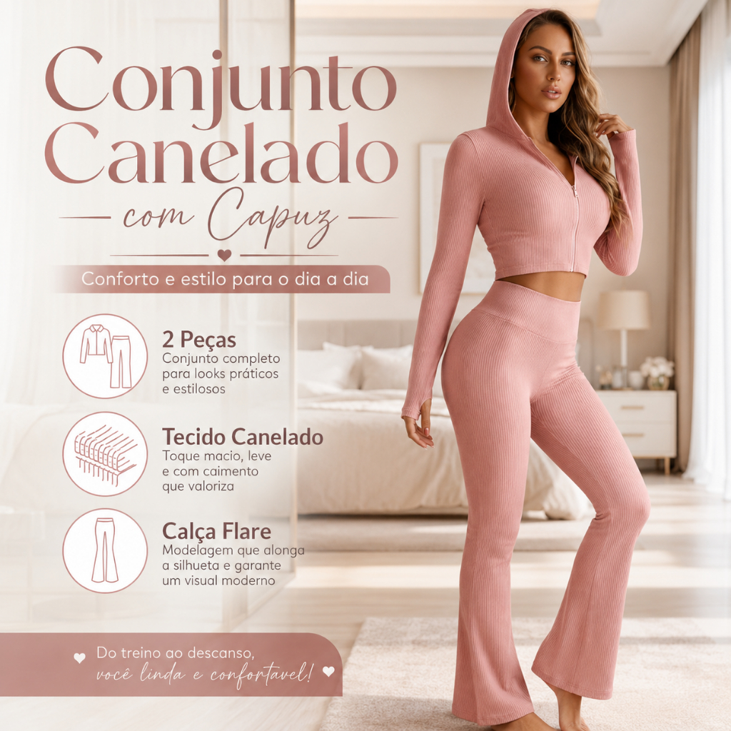 Conjunto Feminino Canelado com Capuz e Zíper | Cropped Manga Longa + Calça Flare Cintura Alta