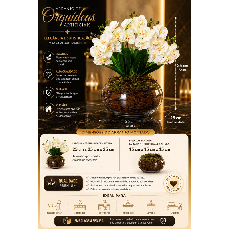 Arranjo de Orquídea Artificial Premium no Vaso de Vidro | Decoração Elegante para Sala, Mesa e Aparador