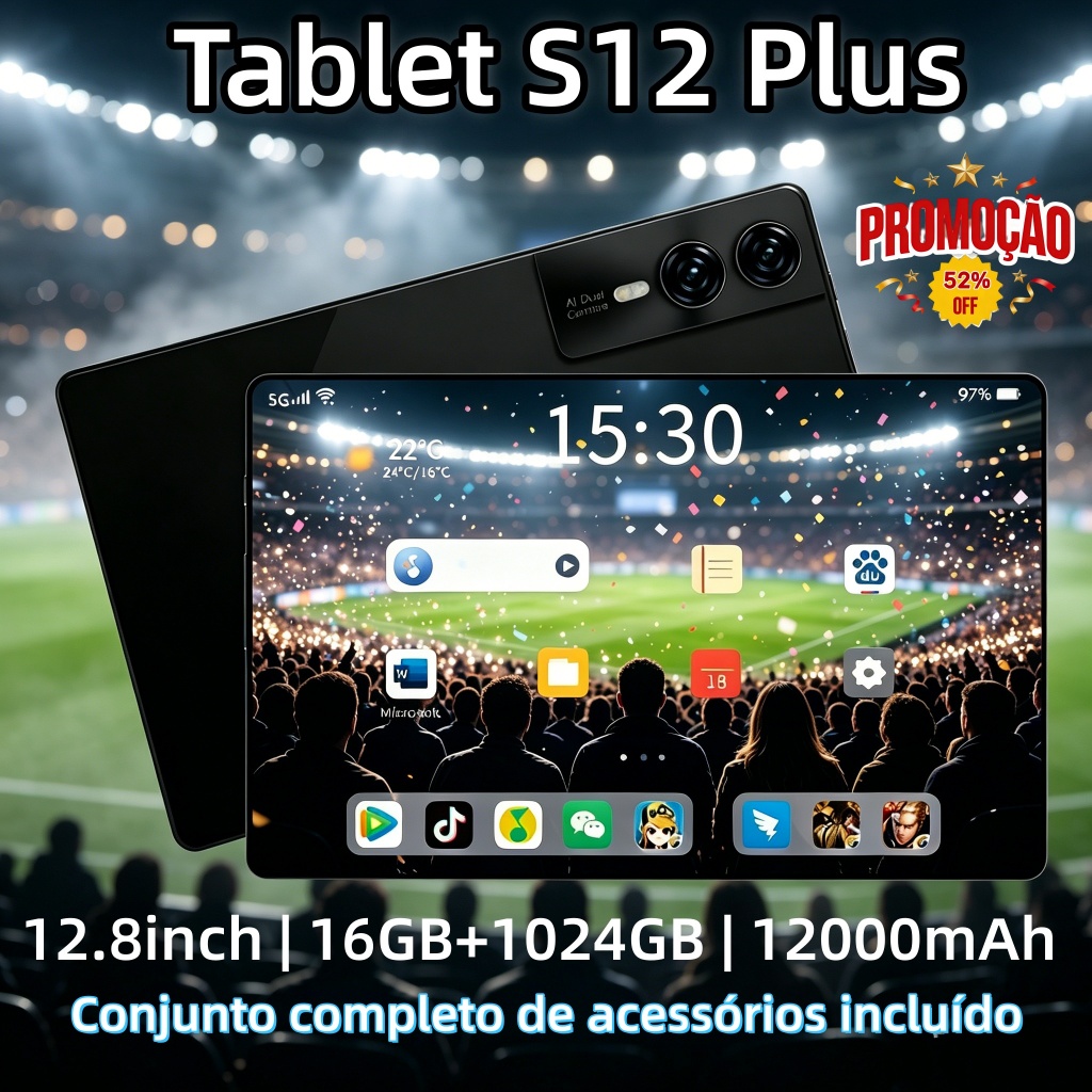 【Teclado e mouse gratuitos】Tablet  S12  Plus Tab Pad de 12,8 polegadas, 16 GB + 1024GB, 12000 mAh, Android15 5G Tab