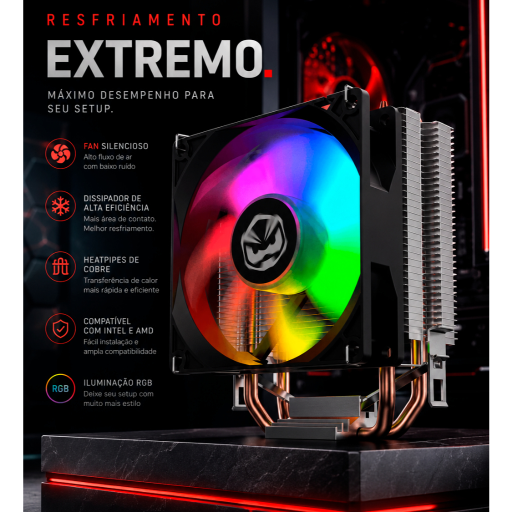AIR COOLER RGB TUNDRA PCYES 90MM SUPORTE PARA INTEL E AMD