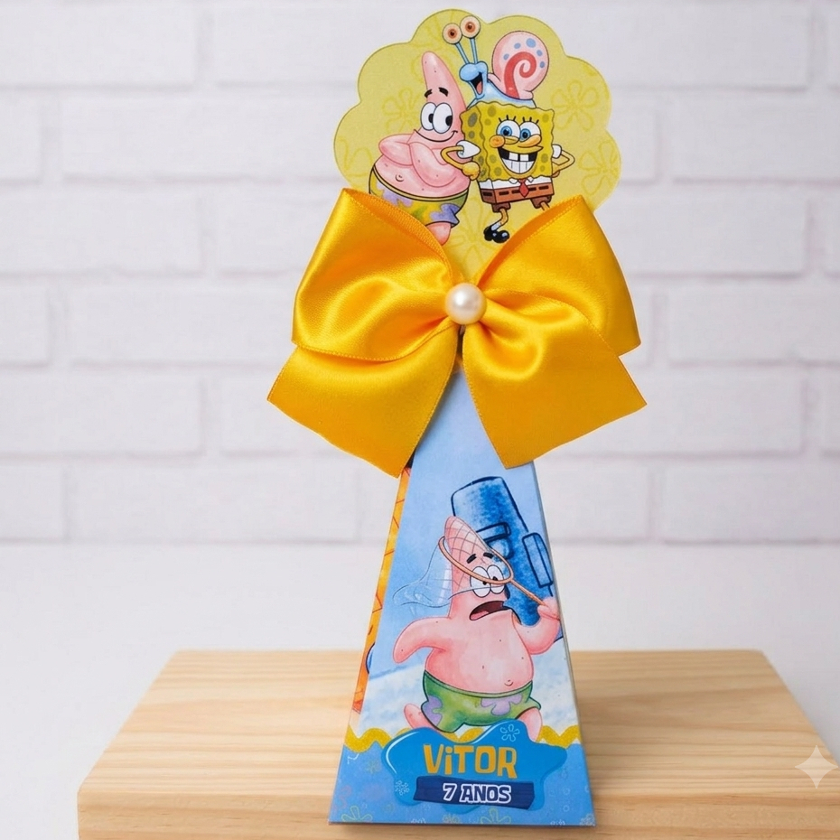 Caixa Pirâmide Bob Esponja | Lembrancinha Personalizada para Festa Infantil | Decoração de Aniversário