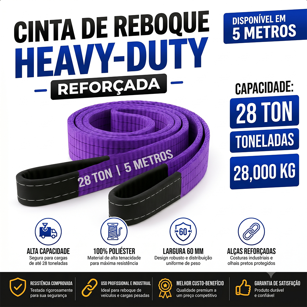 Cinta Fita Reboque 28 toneladas 5 metros reforçada 100% Poliéster 60mm Guinchar