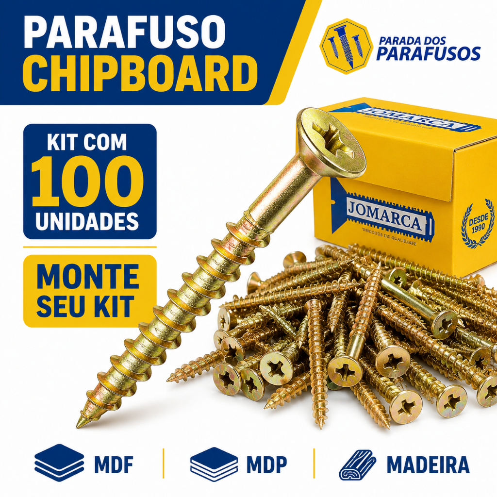 Parafuso Chipboard para MDF e Madeira Kit com 100 Unidades Diversas Medidas Phillips
