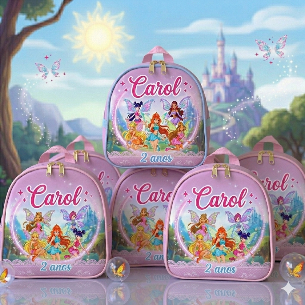 10 mochilinhas personalizadas winx, lembrancinha para festa infantil, aniversário, tema personalizado