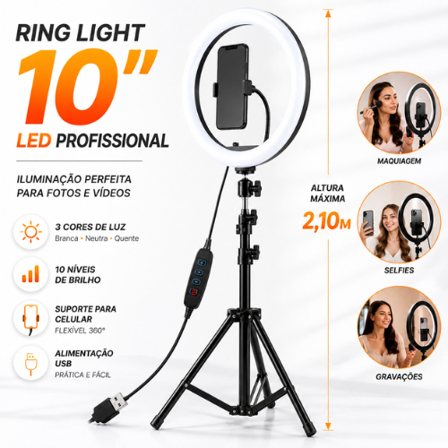 Ring Light 10 Pol LED Profissional Tripé 2,10m Suporte Celular USB Iluminação Fotos Vídeos Lives Maquiagem Selfie Studio