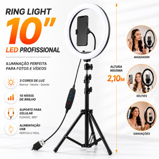 Ring Light 10 Pol LED Profissional Tripé 2,10m Suporte Celular USB Iluminação Fotos Vídeos Lives Maquiagem Selfie Studio