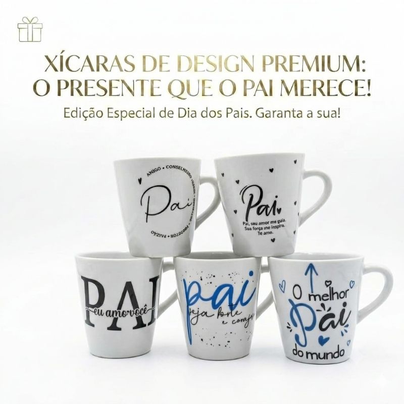 Kit Xícaras Dia dos Pais 140ml Presente para Pai Caneca Porcelana Frases de Carinho Decoração e Café Alta Qualidade