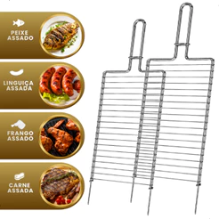Kit 2 Grelha Dupla Grade Peixe Churrasco Linguiça Tulipa Asas Coxinha Frango Grill 01 - 56cm Mor