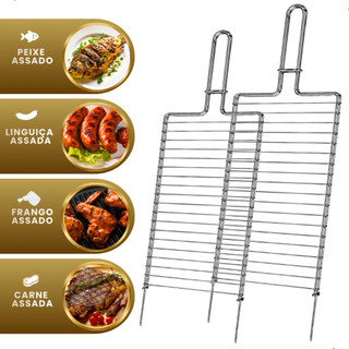 Kit 2 Grelha Dupla Grade Peixe Churrasco Linguiça Tulipa Asas Coxinha Frango Grill 01 - 56cm Mor