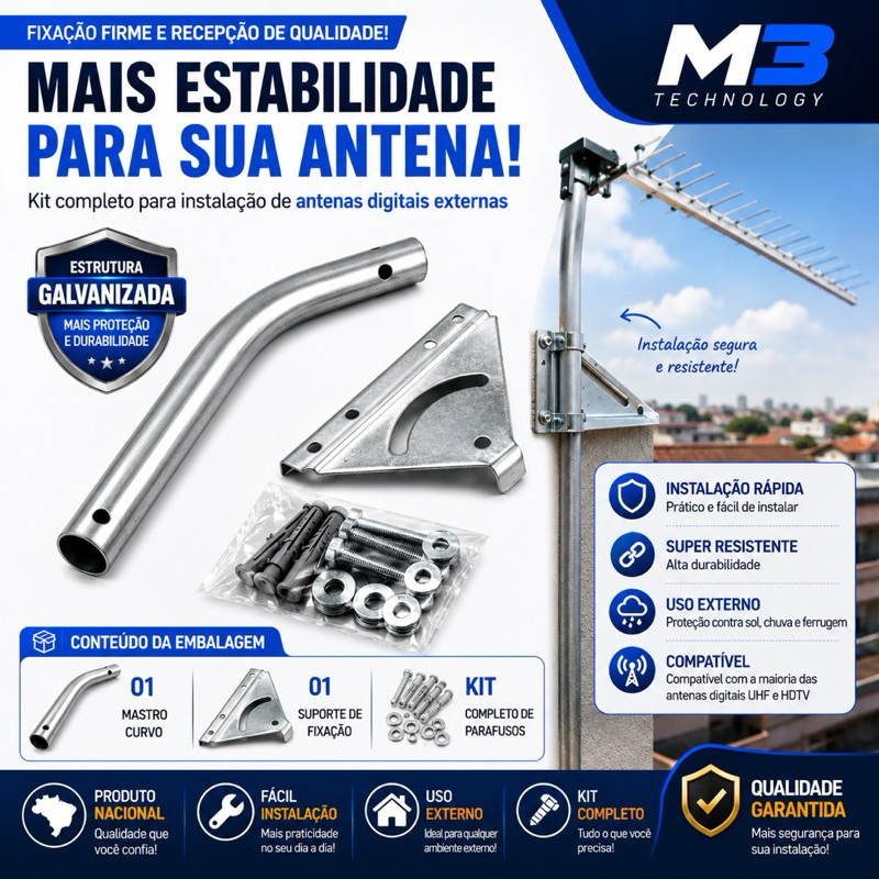 Kit Mastro Curvo Galvanizado + Suporte de Fixação Para Antena Digital Externa Completo — imagem 2 de 2