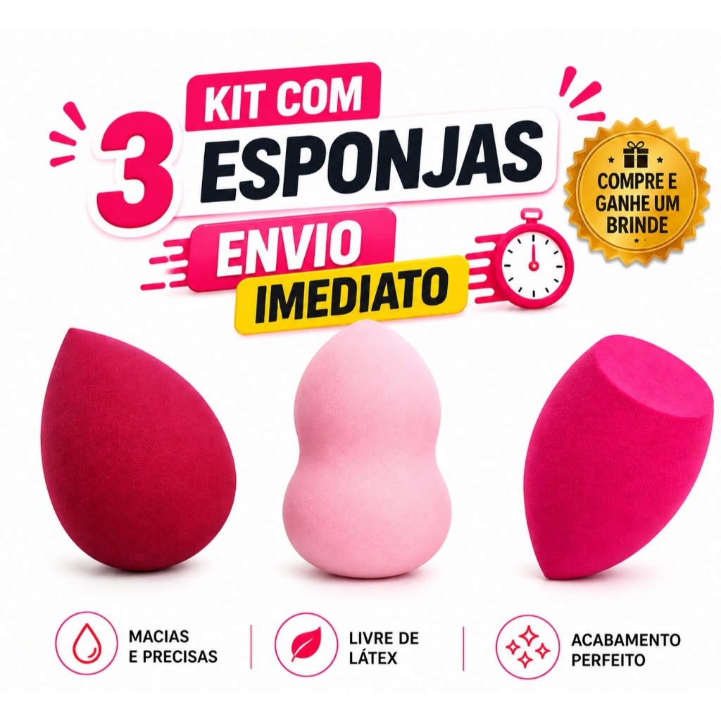 Kit 3 Esponjas de Maquiagem Gota, Anatômica e Chanfrada Macia Para Base e Corretivo + BRINDE