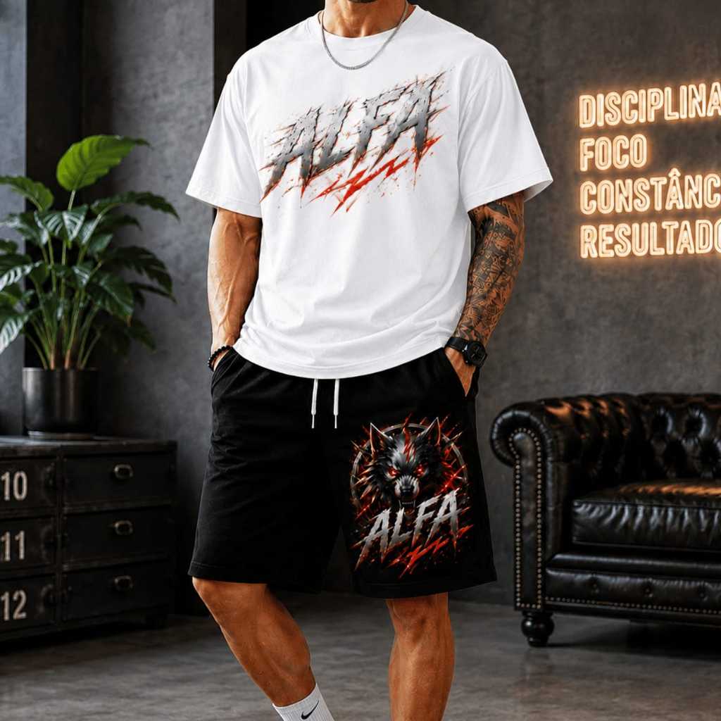 Conjunto Masculino Alfa Streetwear Camiseta Oversized + Bermuda Estampa Wolf Premium