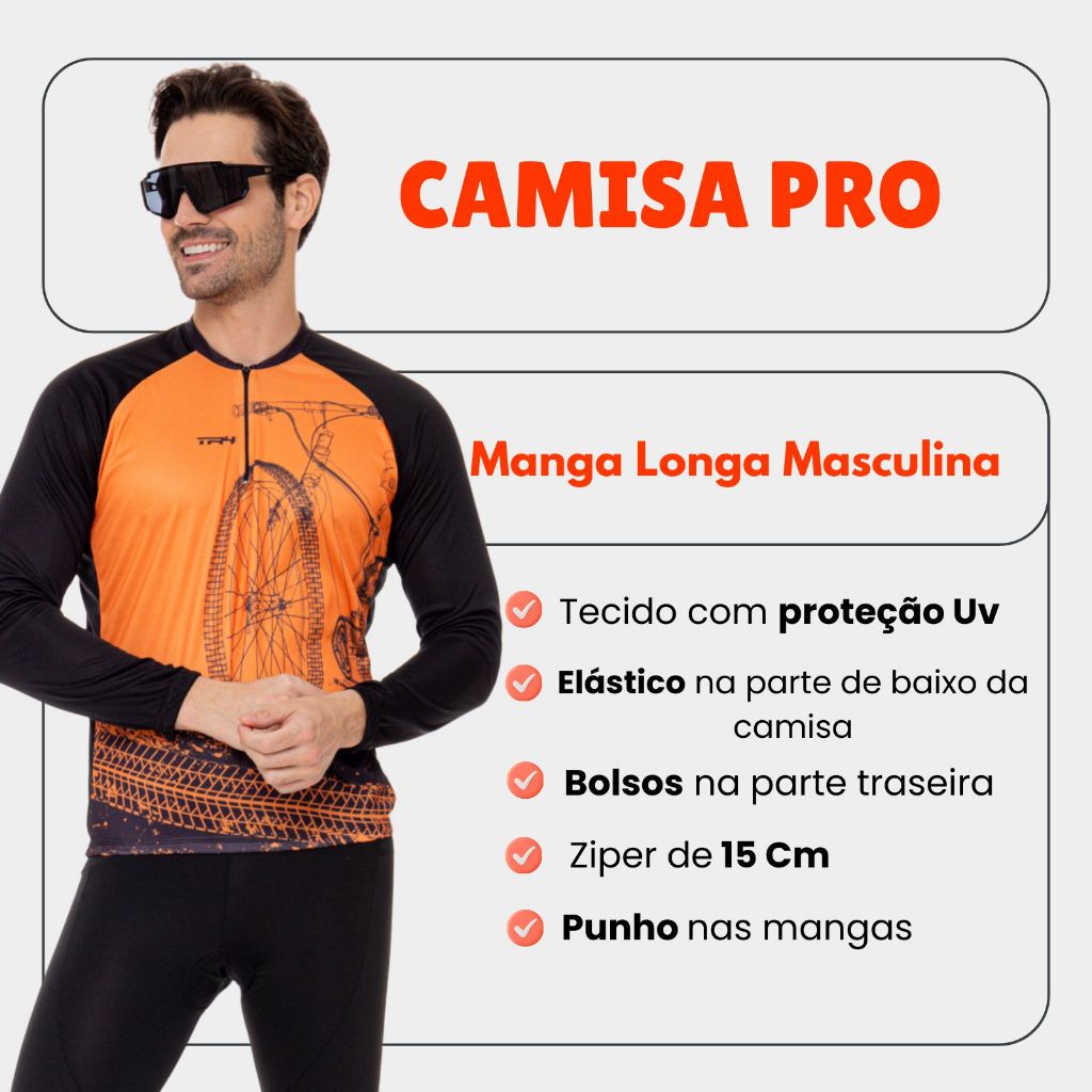 Detalhes do Kit Conjunto Roupa de Ciclismo Camisa Longa + Calça com Forro em Gel Bike Pedal Mtb