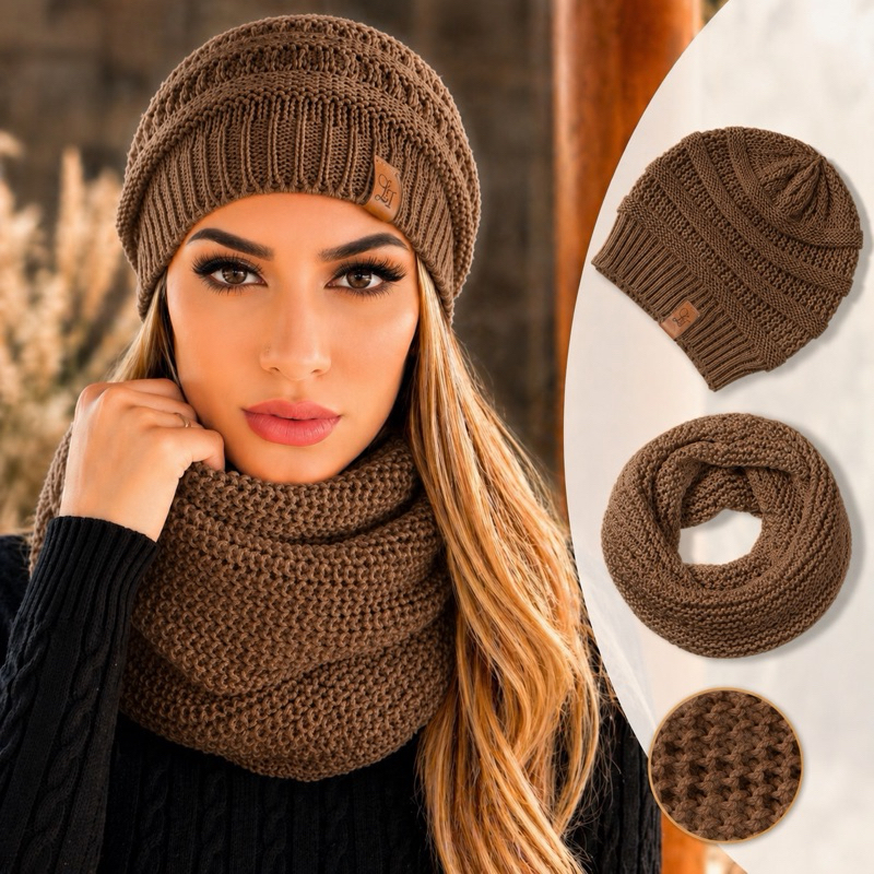 Conjunto Gorro Touca + Gola Cachecol Infinito Tricot Lã  Macio Tendência Inverno Moda 2025 UNISEX